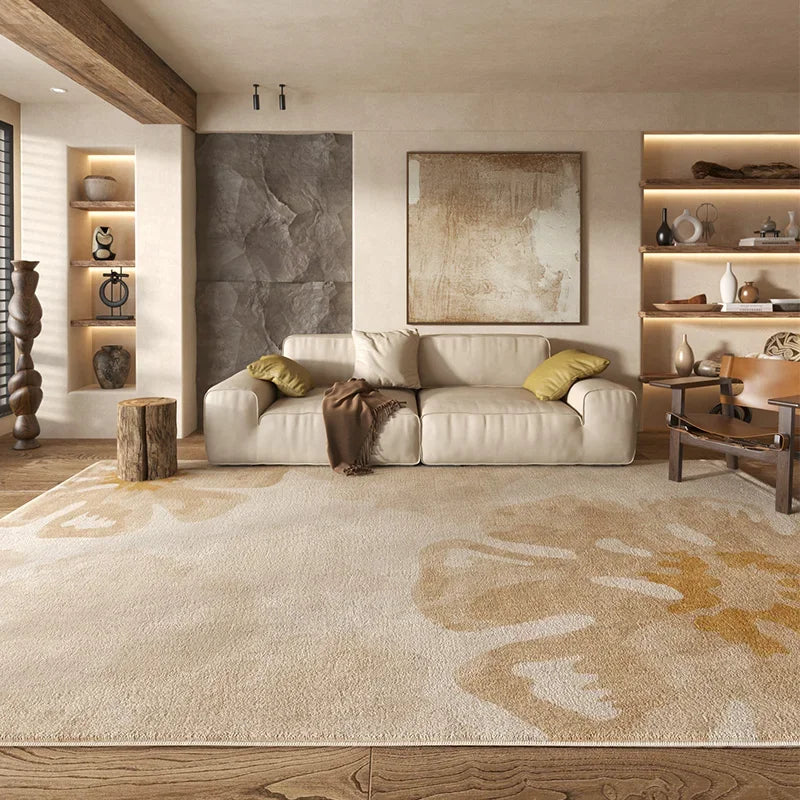 Beige Artistic Carpet Cream Floral Luxurious Living Room