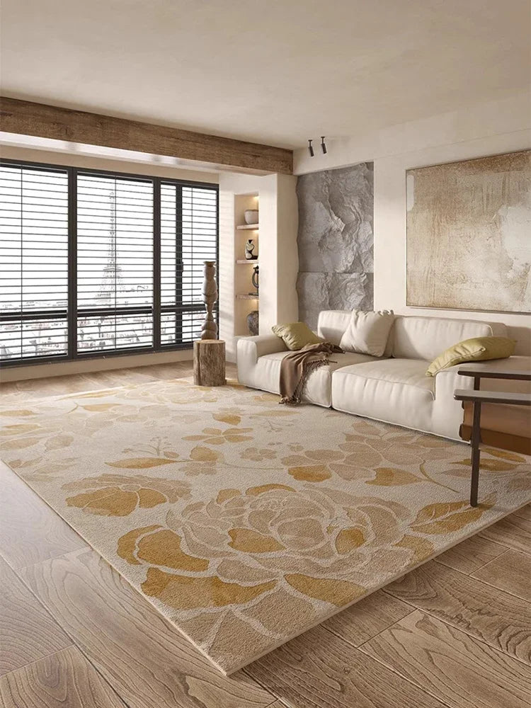 Beige Artistic Carpet Cream Floral Luxurious Living Room