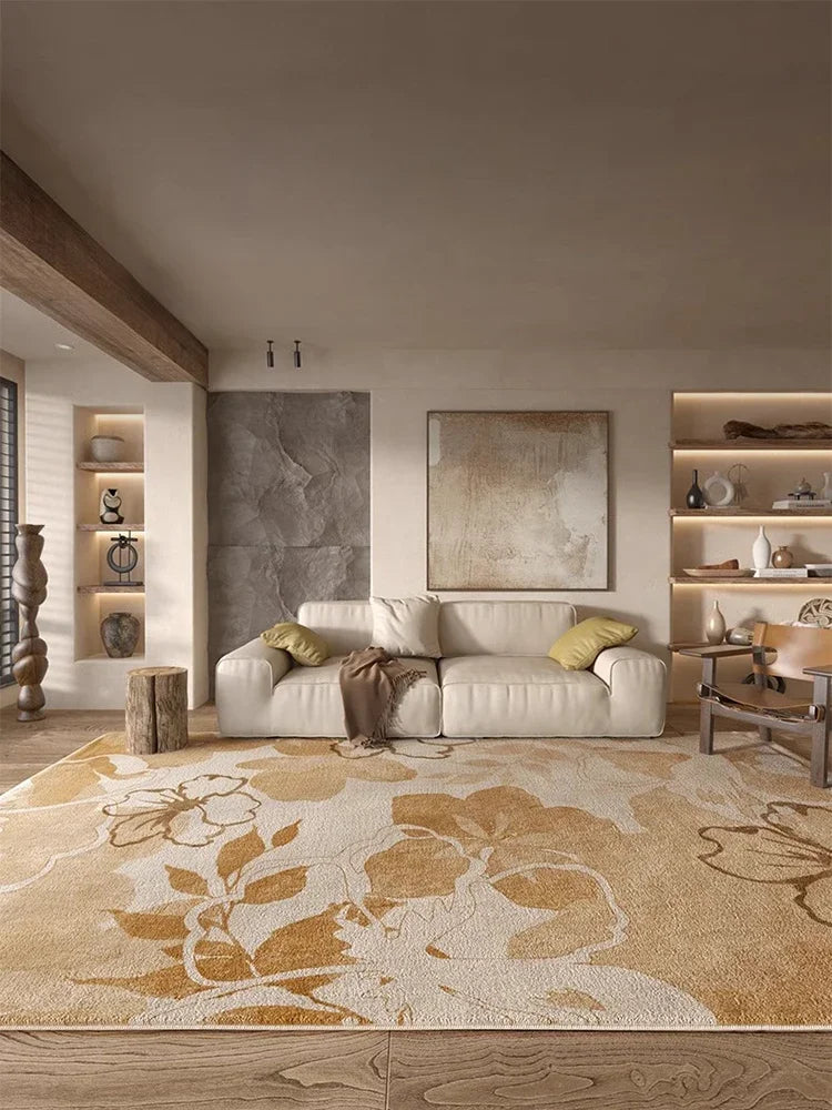 Beige Artistic Carpet Cream Floral Luxurious Living Room
