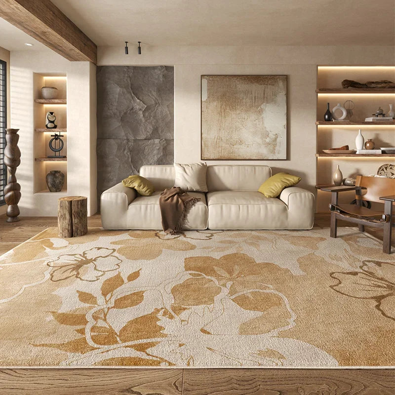 Beige Artistic Carpet Cream Floral Luxurious Living Room
